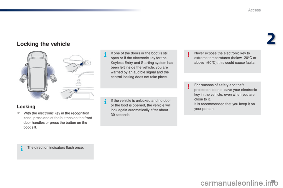 PEUGEOT 108 2016 Owners Guide 35
108_en_Chap02_ouvertures_ed01-2016
Locking the vehicle
Locking
F With the electronic key in the recognition zone, press one of the buttons on the front 
door handles or press the button on the 
boo