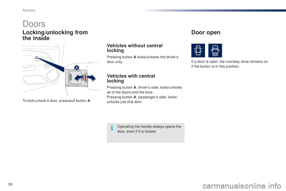 PEUGEOT 108 2016 Owners Guide 38
108_en_Chap02_ouvertures_ed01-2016
Locking/unlocking from  
the inside
Doors
to lock /unlock a door, press/pull button A.
Vehicles with central  
locking
Pressing button A, driver's side, locks