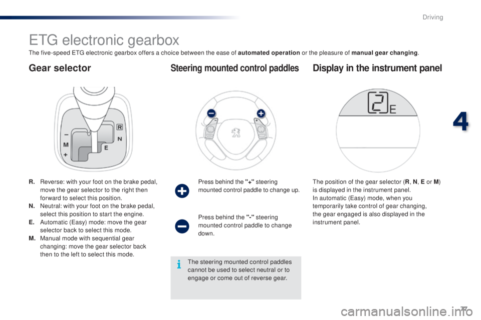 PEUGEOT 108 2016 Manual PDF 77
108_en_Chap04_conduite_ed01-2016
gear selector
etg electronic gearbox
the five-speed etg  electronic gearbox offers a choice between the ease of automated operation  or the pleasure of manual gear 