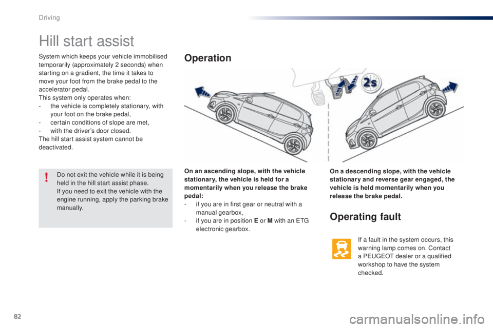 PEUGEOT 108 2016 Manual Online 82
108_en_Chap04_conduite_ed01-2016
Hill start assist
System which keeps your vehicle immobilised 
temporarily (approximately 2 seconds) when 
starting on a gradient, the time it takes to 
move your f
