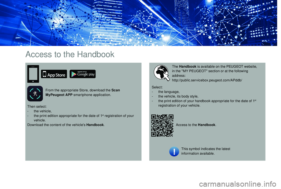 PEUGEOT 108 2018 Owners Manual Access to the Handbook
From the appropriate Store, download the Scan
MyPeugeot APP smartphone application.
Access to the Handbook.
The Handbook
is available on the PEUGEOT website,
in the "MY P PEUGEOT 108 2018 Owners Manual Access to the Handbook
From the appropriate Store, download the Scan
MyPeugeot APP smartphone application.
Access to the Handbook.
The Handbook
is available on the PEUGEOT website,
in the "MY P