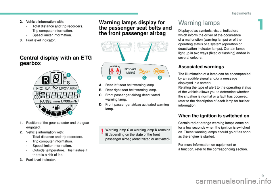 PEUGEOT 108 2018  Owners Manual 9
Central display with an ETG 
gearbox
1.Position of the gear selector and the gear 
engaged.
2. Vehicle information with:
-
 
T
 otal distance and trip recorders.
-
 
T
 rip computer information.
-
 