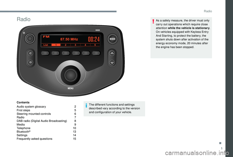 PEUGEOT 108 2018 Owners Manual 1
MODE
Radio
Contents
Audio system glossary
2
F
irst steps
5
S
teering mounted controls
6
R
adio
7
D
AB radio (Digital Audio Broadcasting)
8
M
edia
9
T
elephone
1
0
Bluetoot PEUGEOT 108 2018 Owners Manual 1
MODE
Radio
Contents
Audio system glossary
2
F
irst steps
5
S
teering mounted controls
6
R
adio
7
D
AB radio (Digital Audio Broadcasting)
8
M
edia
9
T
elephone
1
0
Bluetoot