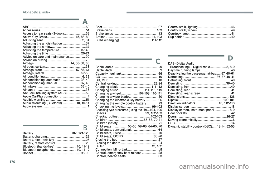 PEUGEOT 108 2018 Owners Manual 170
ABS .................................................................52
Accessories .................................................... 51
Access to rear seats (3 -door)
...................... PEUGEOT 108 2018 Owners Manual 170
ABS .................................................................52
Accessories .................................................... 51
Access to rear seats (3 -door)
......................