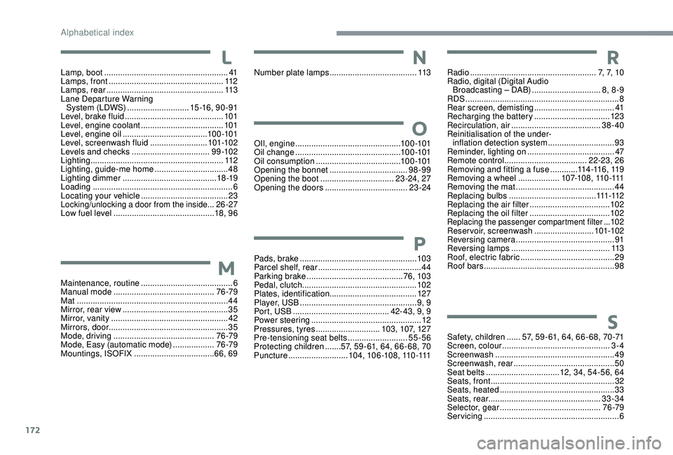 PEUGEOT 108 2018 Owners Manual 172
Safety, children ......57, 59 - 61, 64, 66 - 68, 70 -71
Screen, colour ............................................... 3-
4
Screenwash
.................................................... 49
Sc PEUGEOT 108 2018 Owners Manual 172
Safety, children ......57, 59 - 61, 64, 66 - 68, 70 -71
Screen, colour ............................................... 3-
4
Screenwash
.................................................... 49
Sc