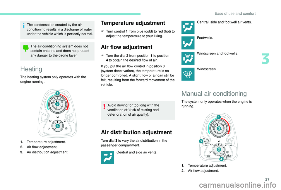PEUGEOT 108 2018 Owners Guide 37
The condensation created by the air
conditioning results in a discharge of water
under the vehicle which is per fectly normal.
The air conditioning system does not
contain chlorine and does not PEUGEOT 108 2018 Owners Guide 37
The condensation created by the air
conditioning results in a discharge of water
under the vehicle which is per fectly normal.
The air conditioning system does not
contain chlorine and does not