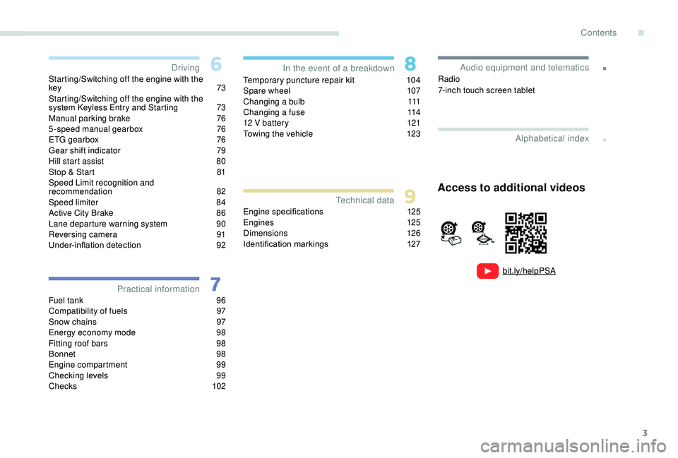 PEUGEOT 108 2018  Owners Manual 3
.
bit.ly/helpPSA
.
Starting/Switching off the engine with the  
key 73
Starting/Switching off the engine with the 
system 
 
K
 eyless Entry and Starting  
7
 3
Manual parking brake
 7

6
5-speed ma
