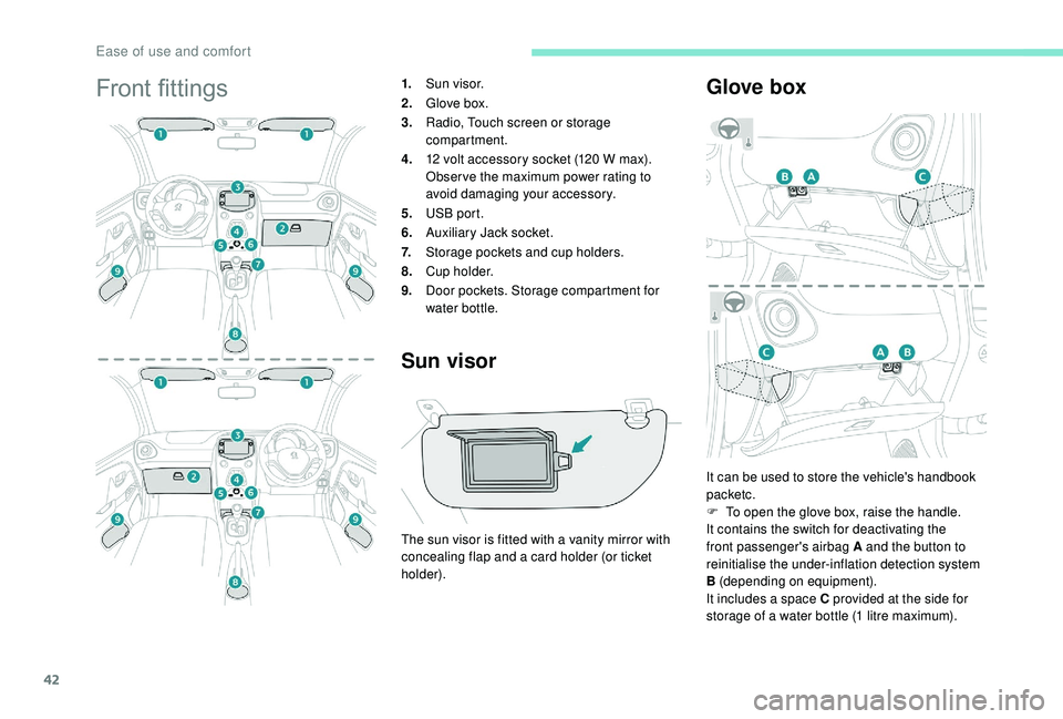 PEUGEOT 108 2018 Service Manual 42
Front fittings1.Sun visor.
2. Glove box.
3. Radio, Touch screen or storage
compartment.
4. 12
volt accessory socket (120 W max).
Obser ve the maximum power rating to
avoid damaging your acce PEUGEOT 108 2018 Service Manual 42
Front fittings1.Sun visor.
2. Glove box.
3. Radio, Touch screen or storage
compartment.
4. 12
volt accessory socket (120 W max).
Obser ve the maximum power rating to
avoid damaging your acce