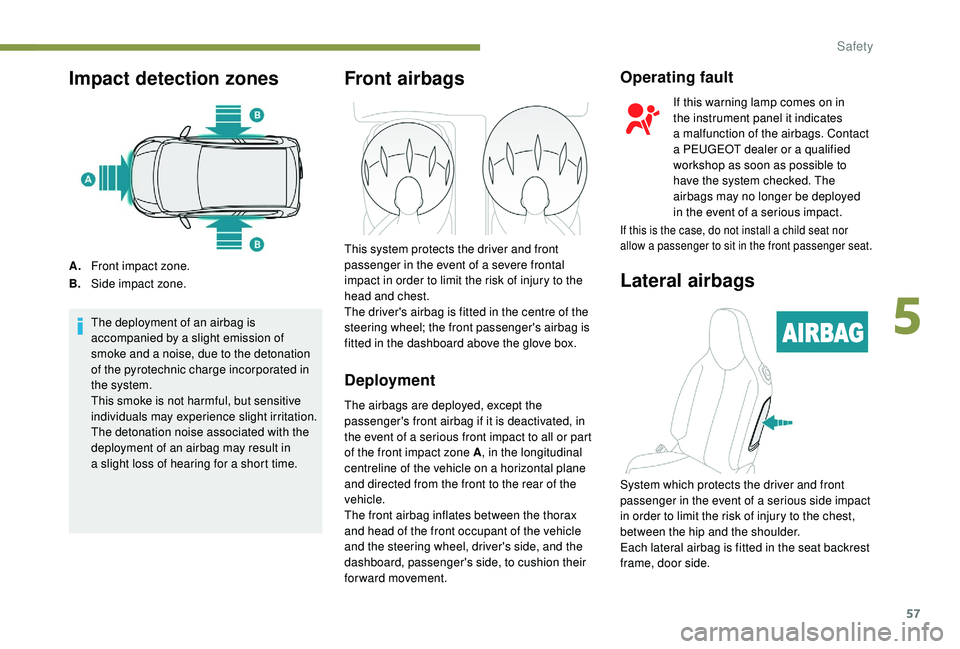PEUGEOT 108 2018 Workshop Manual 57
Impact detection zones
A.Front impact zone.
B. Side impact zone.
The deployment of an airbag is
accompanied by a
slight emission of
smoke and a
noise, due to the detonation
of the pyrotechni PEUGEOT 108 2018 Workshop Manual 57
Impact detection zones
A.Front impact zone.
B. Side impact zone.
The deployment of an airbag is
accompanied by a
slight emission of
smoke and a
noise, due to the detonation
of the pyrotechni