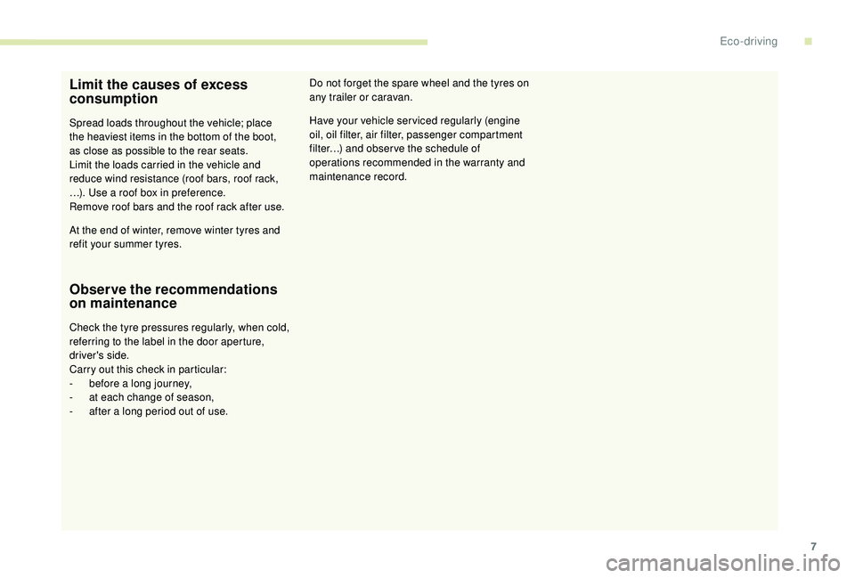 PEUGEOT 108 2018  Owners Manual 7
Limit the causes of excess 
consumption
Spread loads throughout the vehicle; place 
the heaviest items in the bottom of the boot, 
as close as possible to the rear seats.
Limit the loads carried in 