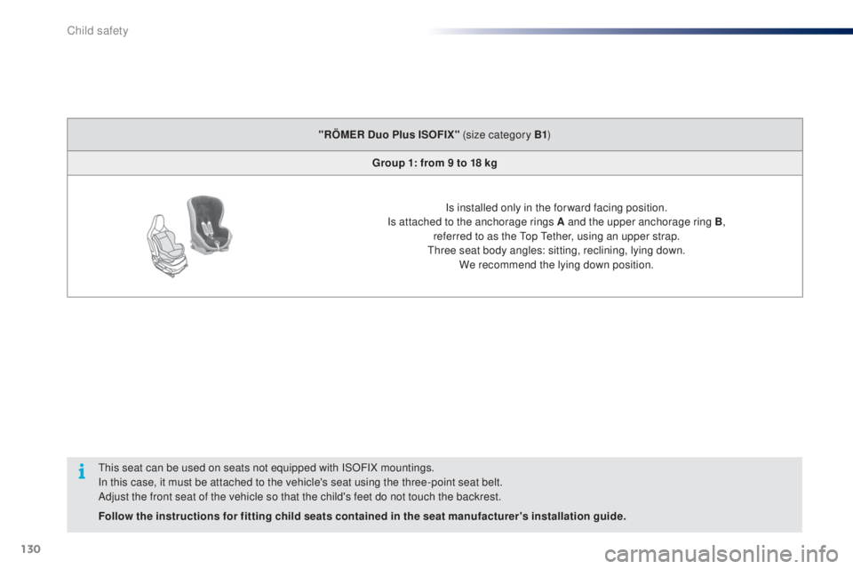 PEUGEOT 108 2014 Owners Manual 130
this seat can be used on seats not equipped with ISOFIX mountings.
In this case, it must be attached to the vehicle's seat using the three-point seat belt.
Adjust the front seat of the vehicle PEUGEOT 108 2014 Owners Manual 130
this seat can be used on seats not equipped with ISOFIX mountings.
In this case, it must be attached to the vehicle's seat using the three-point seat belt.
Adjust the front seat of the vehicle