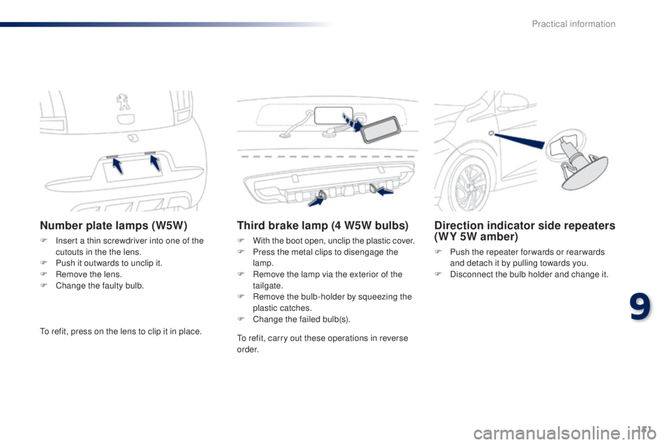 PEUGEOT 108 2014  Owners Manual 151
Number plate lamps (W5W)
F Insert a thin screwdriver into one of the cutouts in the the lens.
F
 
P
 ush it outwards to unclip it.
F
 
R
 emove the lens.
F
 
C
 hange the faulty bulb.
Third brake 