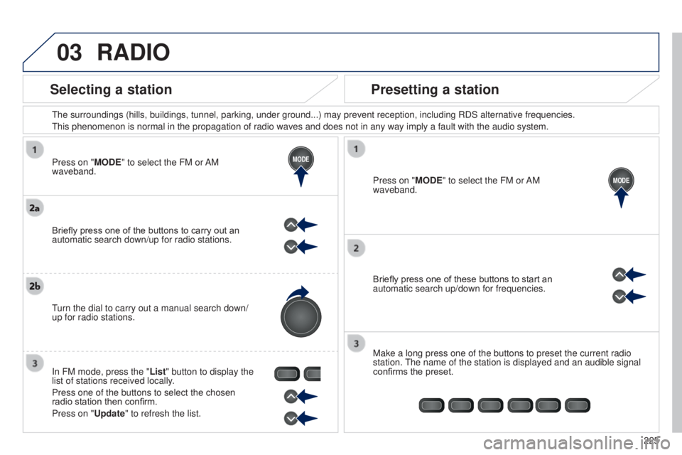 PEUGEOT 108 2014  Owners Manual 03
MODE
MODE
225
Press on "MODE" to select the FM or AM 
waveband.
t

he surroundings (hills, buildings, tunnel, parking, under ground...) m\
ay prevent reception, including RDS alternative fr