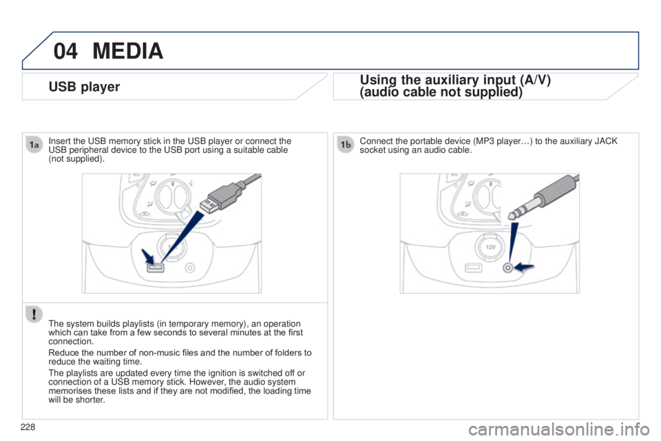 PEUGEOT 108 2014  Owners Manual 04
228
MEDIA
USB playerUsing the auxiliary input (A/V)
(audio cable not supplied)
Connect the portable device (MP3 player…) to the auxiliary JACK 
socket using an audio cable.
Insert the 
u
SB memor