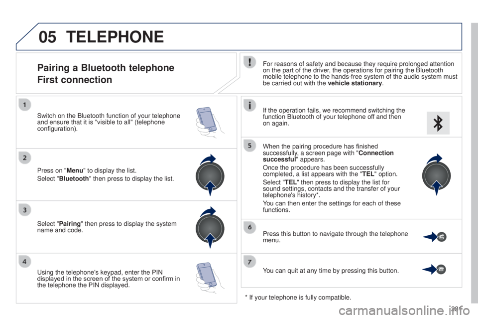 PEUGEOT 108 2014  Owners Manual 05
231
TELEPHONE
Pairing a Bluetooth telephone
First connectionFor reasons of safety and because they require prolonged attention 
on the part of the driver, the operations for pairing the Bluetooth 
