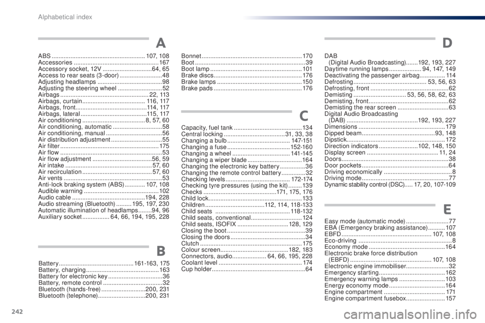 PEUGEOT 108 2014  Owners Manual 242
ABS .......................................................107, 108
Accessories  .................................................. 167
Accessory socket, 12V
  .............................64, 65
