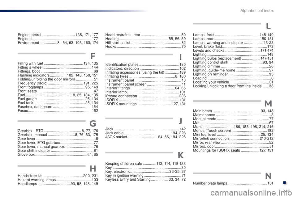 PEUGEOT 108 2014  Owners Manual 243
Head restraints, rear .......................................50
H eating  ............................................... 55, 56, 59
Hill start assist
 
...........................................