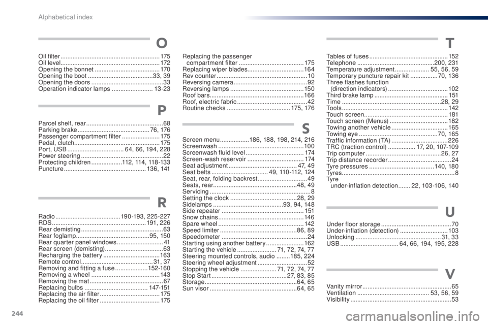 PEUGEOT 108 2014  Owners Manual 244
Parcel shelf, rear .............................................68
P arking brake  .......................................... 76, 176
Passenger compartment filter
 

......................175
Peda