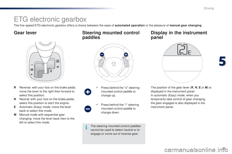 PEUGEOT 108 2014 Manual PDF 77
Gear lever
etg electronic gearbox
the five-speed etg  electronic gearbox offers a choice between the ease of automated operation  or the pleasure of manual gear changing.
R  
R
 everse: with your f