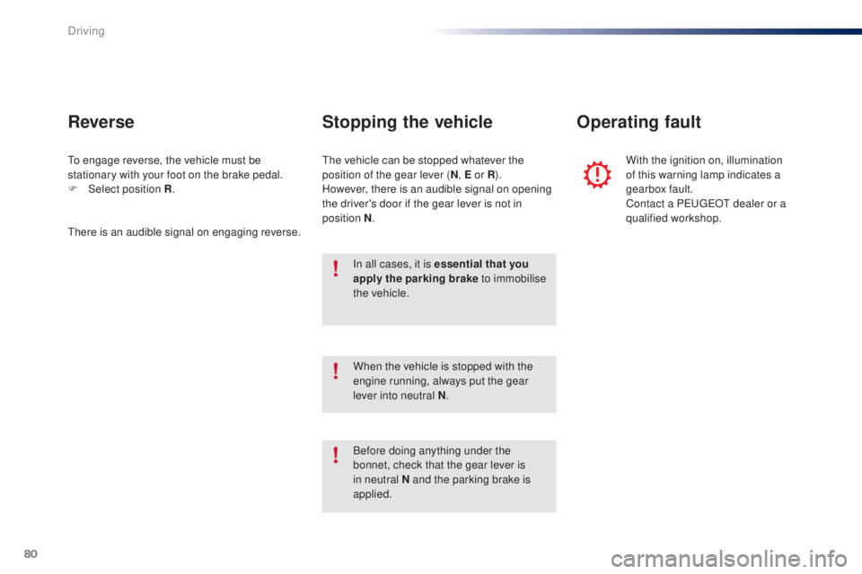 PEUGEOT 108 2014 Manual Online 80
to engage reverse, the vehicle must be 
stationary with your foot on the brake pedal.
F 
Sel
 ect position R .
Reverse
there is an audible signal on engaging reverse.
th
 e vehicle can be stopped w
