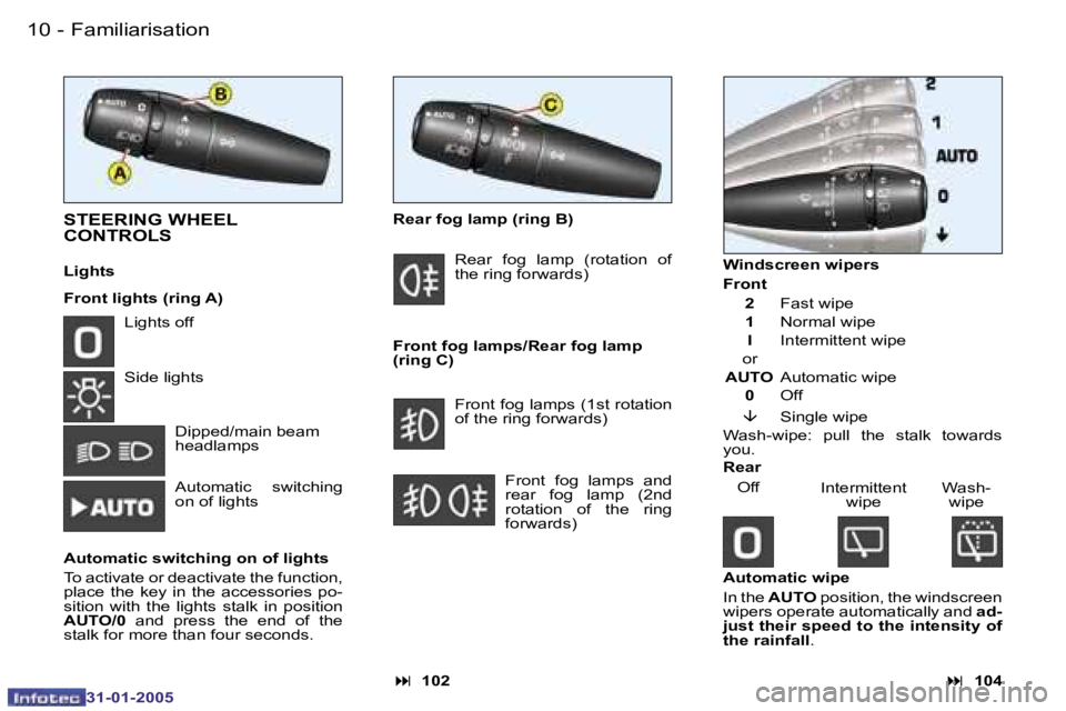 PEUGEOT 206 2004  Owners Manual �1�0 �-
�3�1�-�0�1�-�2�0�0�5
�1�1
�-
�3�1�-�0�1�-�2�0�0�5
�S�T�E�E�R�I�N�G� �W�H�E�E�L�  
�C�O�N�T�R�O�L�S
�L�i�g�h�t�s 
�F�r�o�n�t� �l�i�g�h�t�s� �(�r�i�n�g� �A�) �R�e�a�r� �f�o�g� �l�a�m�p� �(�r�i�n