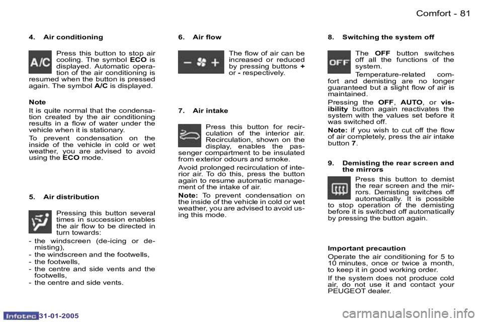 PEUGEOT 206 2004 Manual Online �8�0 �-
�3�1�-�0�1�-�2�0�0�5
�8�1
�-
�3�1�-�0�1�-�2�0�0�5
�4�.�  �A�i�r� �c�o�n�d�i�t�i�o�n�i�n�g
�P�r�e�s�s�  �t�h�i�s�  �b�u�t�t�o�n�  �t�o�  �s�t�o�p�  �a�i�r�  
�c�o�o�l�i�n�g�.�  �T�h�e � �s�y�m�