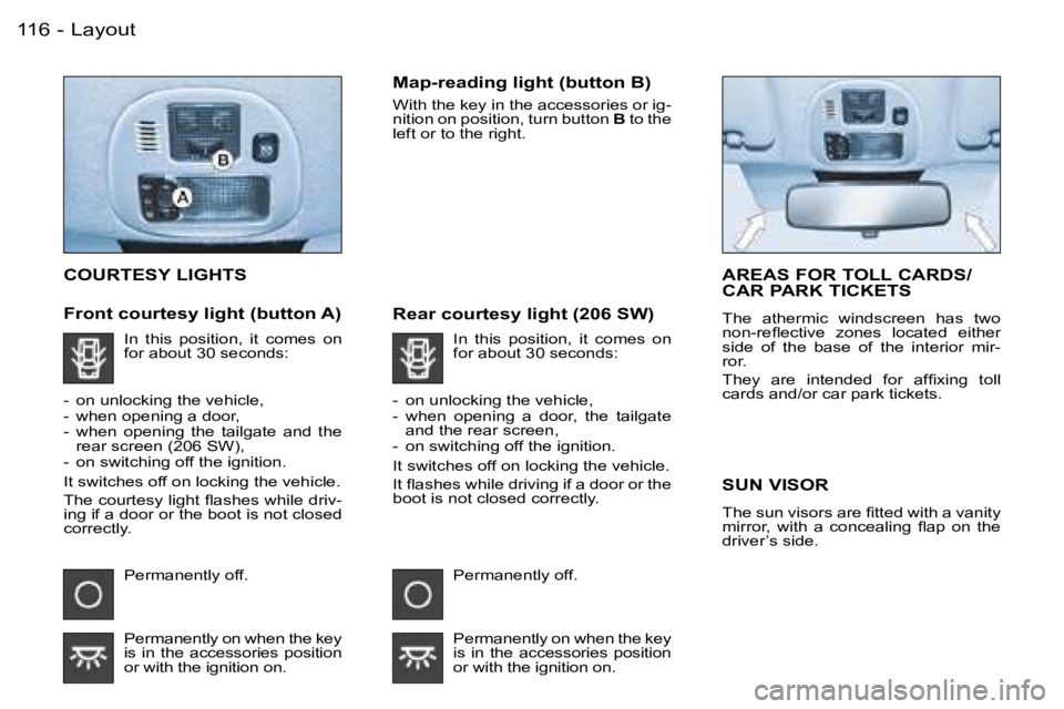 PEUGEOT 206 2006  Owners Manual �L�a�y�o�u�t�1�1�6 �-
�C�O�U�R�T�E�S�Y� �L�I�G�H�T�S
�F�r�o�n�t� �c�o�u�r�t�e�s�y� �l�i�g�h�t� �(�b�u�t�t�o�n� �A�)
�M�a�p�-�r�e�a�d�i�n�g� �l�i�g�h�t� �(�b�u�t�t�o�n� �B�)
�W�i�t�h� �t�h�e� �k�e�y� �