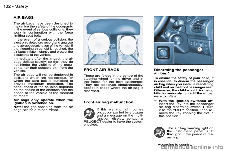 PEUGEOT 206 2006  Owners Manual �S�a�f�e�t�y�1�3�2 �-
�A�I�R� �B�A�G�S
�T�h�e� �a�i�r� �b�a�g�s� �h�a�v�e� �b�e�e�n� �d�e�s�i�g�n�e�d� �t�o� �m�a�x�i�m�i�s�e� �t�h�e� �s�a�f�e�t�y� �o�f� �t�h�e� �o�c�c�u�p�a�n�t�s� �i�n� �t�h�e� �e�