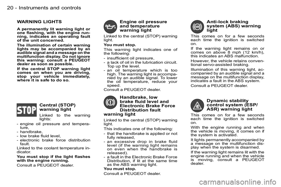 PEUGEOT 206 2006 User Guide �I�n�s�t�r�u�m�e�n�t�s� �a�n�d� �c�o�n�t�r�o�l�s�2�0 �-
�D�y�n�a�m�i�c� �s�t�a�b�i�l�i�t�y� �c�o�n�t�r�o�l� �s�y�s�t�e�m� �(�E�S�P�/�A�S�R�)� �w�a�r�n�i�n�g� �l�i�g�h�t
�T�h�i�s�  �c�o�m�e�s�  �o�n�  
