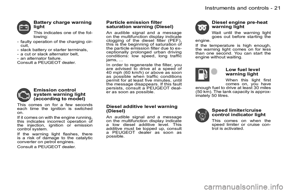 PEUGEOT 206 2006 User Guide �2�1�I�n�s�t�r�u�m�e�n�t�s� �a�n�d� �c�o�n�t�r�o�l�s�-
�B�a�t�t�e�r�y� �c�h�a�r�g�e� �w�a�r�n�i�n�g� �l�i�g�h�t
�T�h�i�s� �i�n�d�i�c�a�t�e�s� �o�n�e� �o�f� �t�h�e� �f�o�l�-�l�o�w�i�n�g�:
�-�  �f�a�u�l