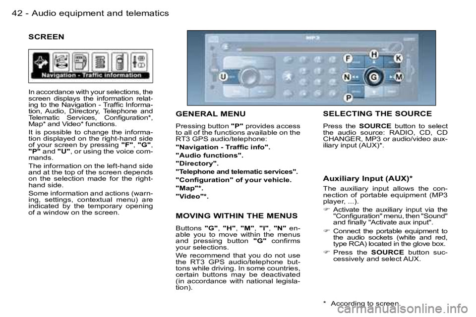 PEUGEOT 206 2006 Service Manual �4�2 �-�A�u�d�i�o� �e�q�u�i�p�m�e�n�t� �a�n�d� �t�e�l�e�m�a�t�i�c�s�S�E�L�E�C�T�I�N�G� �T�H�E� �S�O�U�R�C�E
�P�r�e�s�s�  �t�h�e� �S�O�U�R�C�E�  �b�u�t�t�o�n�  �t�o�  �s�e�l�e�c�t� �t�h�e�  �a�u�d�i�o�