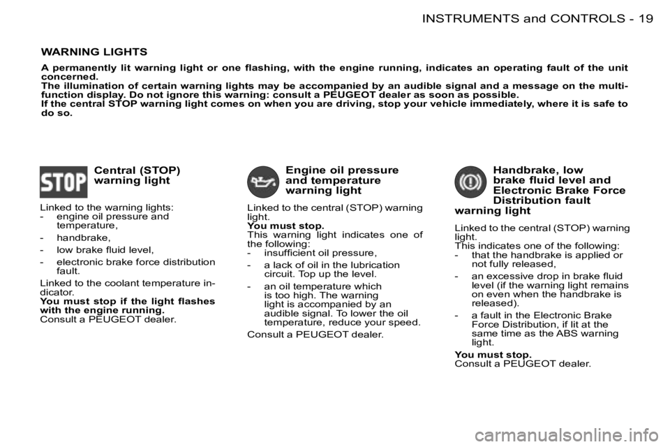 PEUGEOT 206 2008 User Guide 19
INSTRUMENTS and CONTROLS
-
WARNING LIGHTS
�A�  �p�e�r�m�a�n�e�n�t�l�y�  �l�i�t�  �w�a�r�n�i�n�g�  �l�i�g�h�t�  �o�r�  �o�n�e�  �l�a�s�h�i�n�g�,�  �w�i�t�h�  �t�h�e �  �e�n�g�i�n�e�  �r�u�n�n�i�n�g�