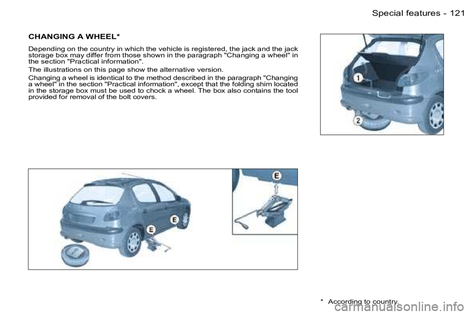 PEUGEOT 206 2007  Owners Manual �1�2�1
�-�S�p�e�c�i�a�l� �f�e�a�t�u�r�e�s
�C�H�A�N�G�I�N�G� �A� �W�H�E�E�L�*
�D�e�p�e�n�d�i�n�g� �o�n� �t�h�e� �c�o�u�n�t�r�y� �i�n� �w�h�i�c�h� �t�h�e� �v�e�h�i�c�l�e� �i�s� �r�e�g�i�s�t�e�r�e�d�,�  