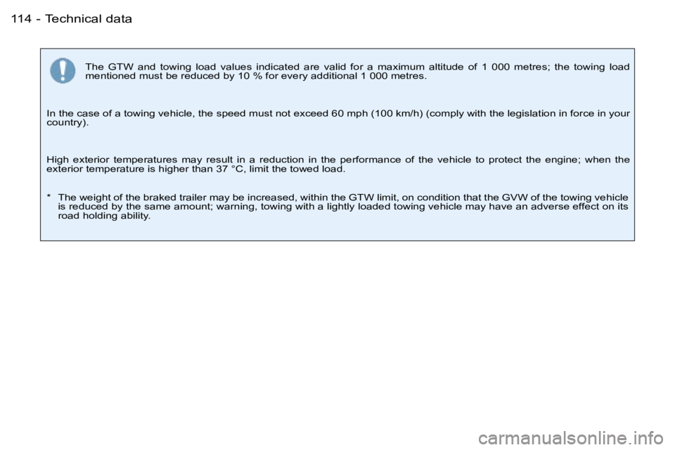 PEUGEOT 206 2007  Owners Manual �T�e�c�h�n�i�c�a�l� �d�a�t�a�1�1�4 �-
�T�h�e�  �G�T�W�  �a�n�d�  �t�o�w�i�n�g�  �l�o�a�d�  �v�a�l�u�e�s�  �i�n�d�i�c�a�t�e�d�  �a�r�e�  �v�a�l�i�d�  �f�o�r�  �a� �m�a�x�i�m�u�m�  �a�l�t�i�t�u�d�e�  �o