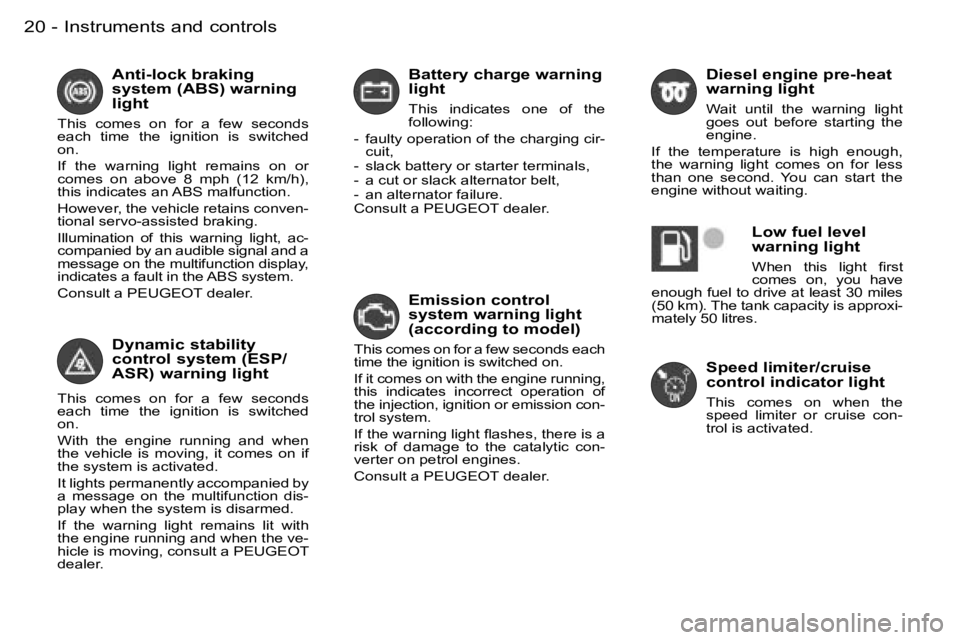 PEUGEOT 206 2007 User Guide �I�n�s�t�r�u�m�e�n�t�s� �a�n�d� �c�o�n�t�r�o�l�s�2�0 �-
�B�a�t�t�e�r�y� �c�h�a�r�g�e� �w�a�r�n�i�n�g�  
�l�i�g�h�t
�T�h�i�s�  �i�n�d�i�c�a�t�e�s�  �o�n�e�  �o�f�  �t�h�e� �  
�f�o�l�l�o�w�i�n�g�:
�-� 