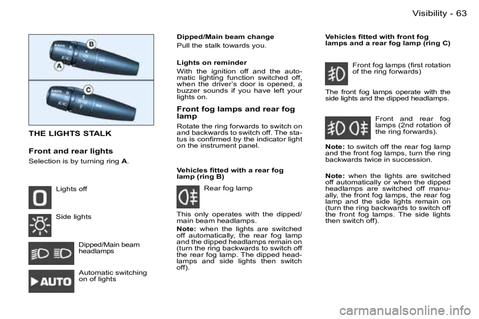 PEUGEOT 206 2007 Manual PDF �6�3�V�i�s�i�b�i�l�i�t�y�-
�T�H�E� �L�I�G�H�T�S� �S�T�A�L�K
�F�r�o�n�t� �a�n�d� �r�e�a�r� �l�i�g�h�t�s
�S�e�l�e�c�t�i�o�n� �i�s� �b�y� �t�u�r�n�i�n�g� �r�i�n�g� �A�. �D�i�p�p�e�d�/�M�a�i�n� �b�e�a�m� 