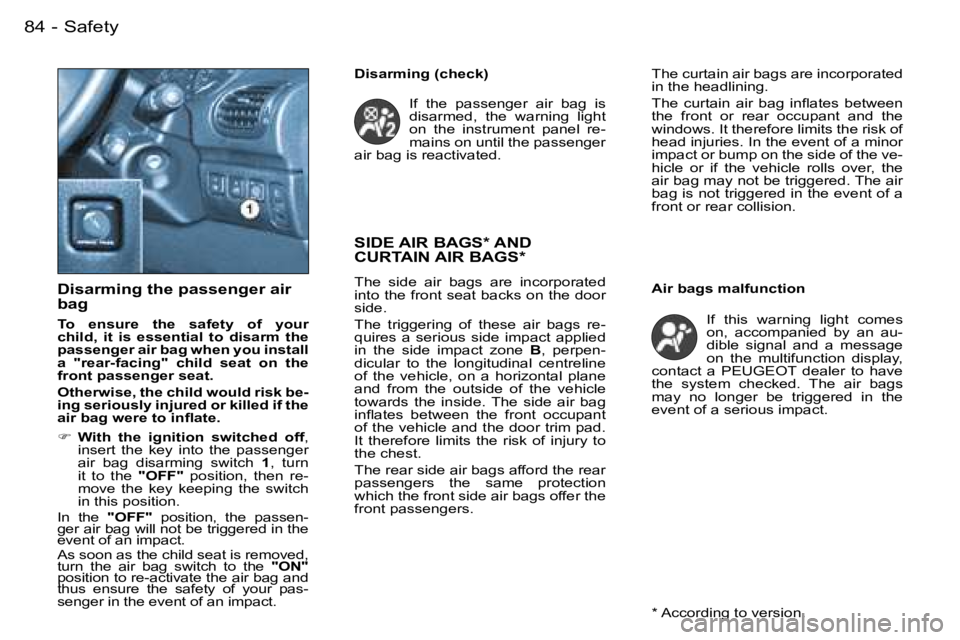 PEUGEOT 206 2007  Owners Manual �S�a�f�e�t�y�8�4 �-
�S�I�D�E� �A�I�R� �B�A�G�S�*� �A�N�D�  
�C�U�R�T�A�I�N� �A�I�R� �B�A�G�S�*
�T�h�e�  �s�i�d�e�  �a�i�r�  �b�a�g�s�  �a�r�e�  �i�n�c�o�r�p�o�r�a�t�e�d�  
�i�n�t�o� �t�h�e� �f�r�o�n�t
