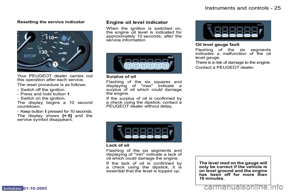 PEUGEOT 206 2005 Owners Manual �I�n�s�t�r�u�m�e�n�t�s� �a�n�d� �c�o�n�t�r�o�l�s�2�4 �-
�0�1�-�1�0�-�2�0�0�5
�2�5�I�n�s�t�r�u�m�e�n�t�s� �a�n�d� �c�o�n�t�r�o�l�s�-
�0�1�-�1�0�-�2�0�0�5
�R�e�s�e�t�t�i�n�g� �t�h�e� �s�e�r�v�i�c�e� �i�
