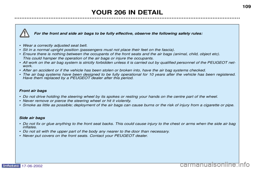 PEUGEOT 206 2002  Owners Manual YOUR 206 IN DETAIL109
For the front and side air bags to be fully effective, observe the following safety rules:
¥ Wear a correctly adjusted seat belt. 
¥ Sit in a normal upright position (passenger
