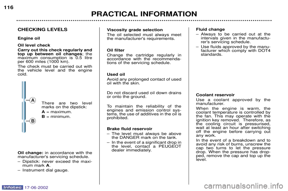 PEUGEOT 206 2002  Owners Manual PRACTICAL INFORMATION
116
CHECKING LEVELS Engine oil Oil level check Carry out this check regularly and top up between oil changes ; the
maximum consumption is 0.5 litreper 600 miles (1000 km). The ch