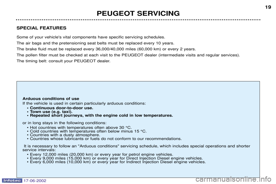 PEUGEOT 206 2002 User Guide SPECIAL FEATURES Some of your vehicles vital components have specific servicing schedules. The air bags and the pretensioning seat belts must be replaced every 10 years.The brake fluid must be replac PEUGEOT 206 2002 User Guide SPECIAL FEATURES Some of your vehicles vital components have specific servicing schedules. The air bags and the pretensioning seat belts must be replaced every 10 years.The brake fluid must be replac