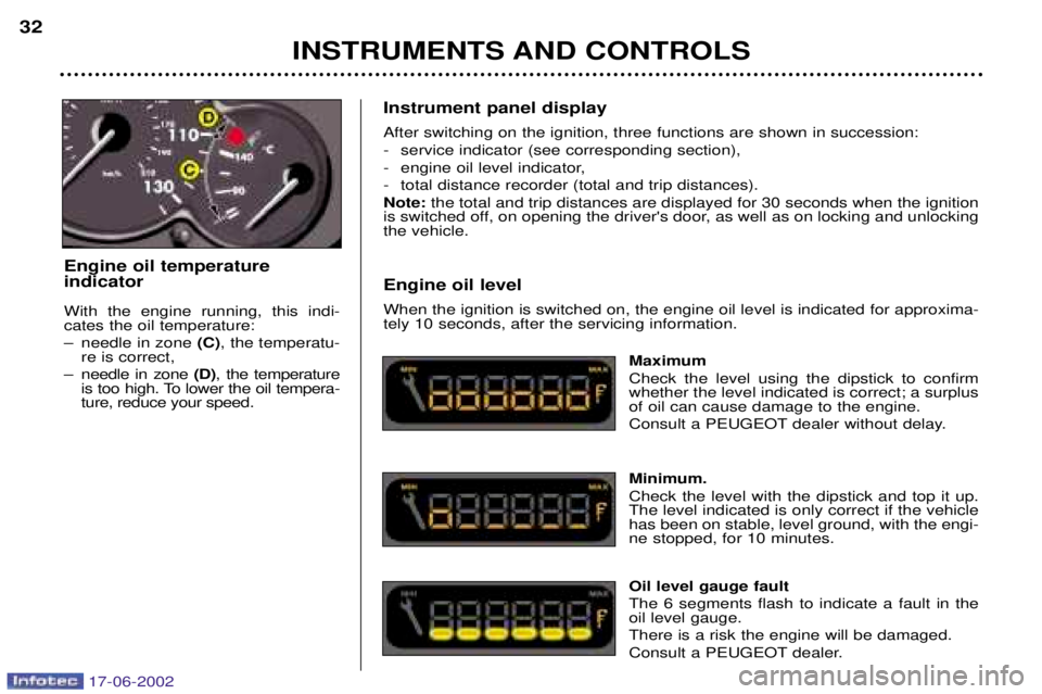 PEUGEOT 206 2002 User Guide INSTRUMENTS AND CONTROLS
32
Instrument panel display After switching on the ignition, three functions are shown in succession: 
- service indicator (see corresponding section),
- engine oil level indi