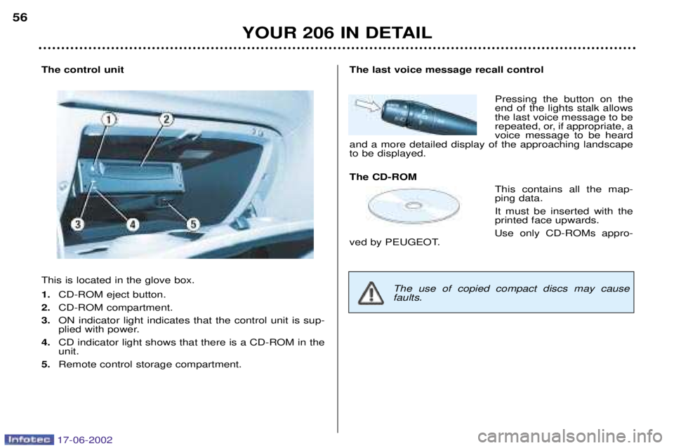 PEUGEOT 206 2002 Workshop Manual YOUR 206 IN DETAIL
56
The control unit This is located in the glove box. 1.
CD-ROM eject button.
2. CD-ROM compartment.
3. ON indicator light indicates that the control unit is sup-
plied with power. PEUGEOT 206 2002 Workshop Manual YOUR 206 IN DETAIL
56
The control unit This is located in the glove box. 1.
CD-ROM eject button.
2. CD-ROM compartment.
3. ON indicator light indicates that the control unit is sup-
plied with power.