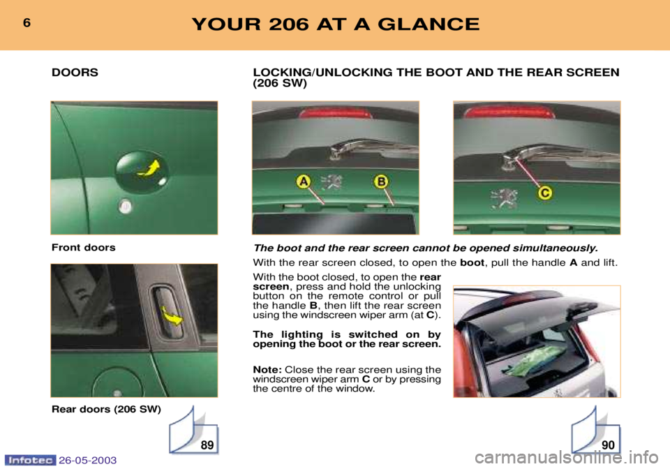 PEUGEOT 206 2003 User Guide 26-05-2003
DOORS Front doors Rear doors (206 SW)
89
LOCKING/UNLOCKING THE BOOT AND THE REAR SCREEN (206 SW) 
The boot and the rear screen cannot be opened simultaneously. With the rear screen closed, 