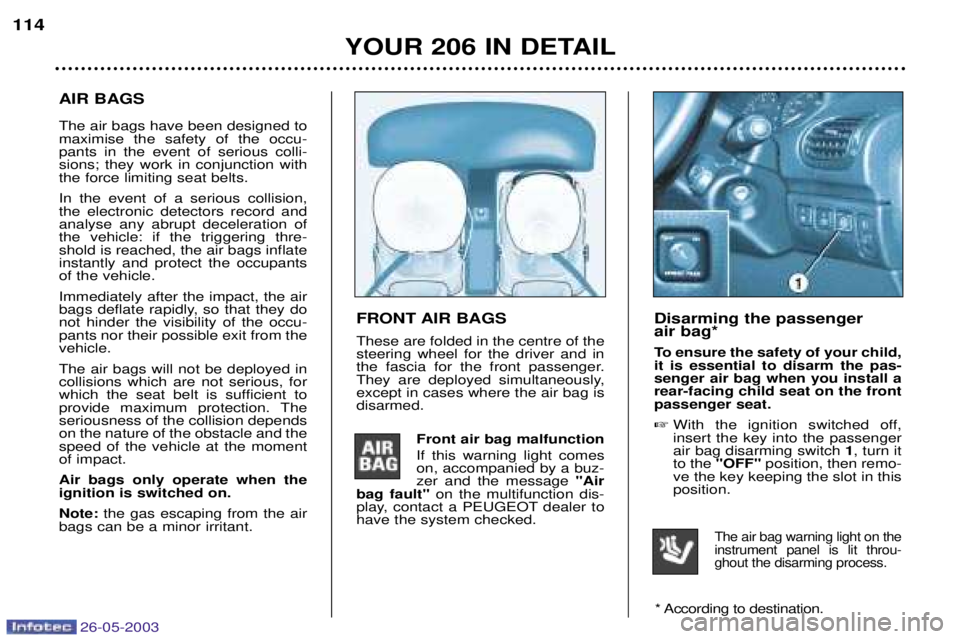 PEUGEOT 206 2003 Owners Manual 26-05-2003
YOUR 206 IN DETAIL
114
FRONT AIR BAGS These are folded in the centre of the steering wheel for the driver and in
the fascia for the front passenger.
They are deployed simultaneously,except PEUGEOT 206 2003 Owners Manual 26-05-2003
YOUR 206 IN DETAIL
114
FRONT AIR BAGS These are folded in the centre of the steering wheel for the driver and in
the fascia for the front passenger.
They are deployed simultaneously,except
