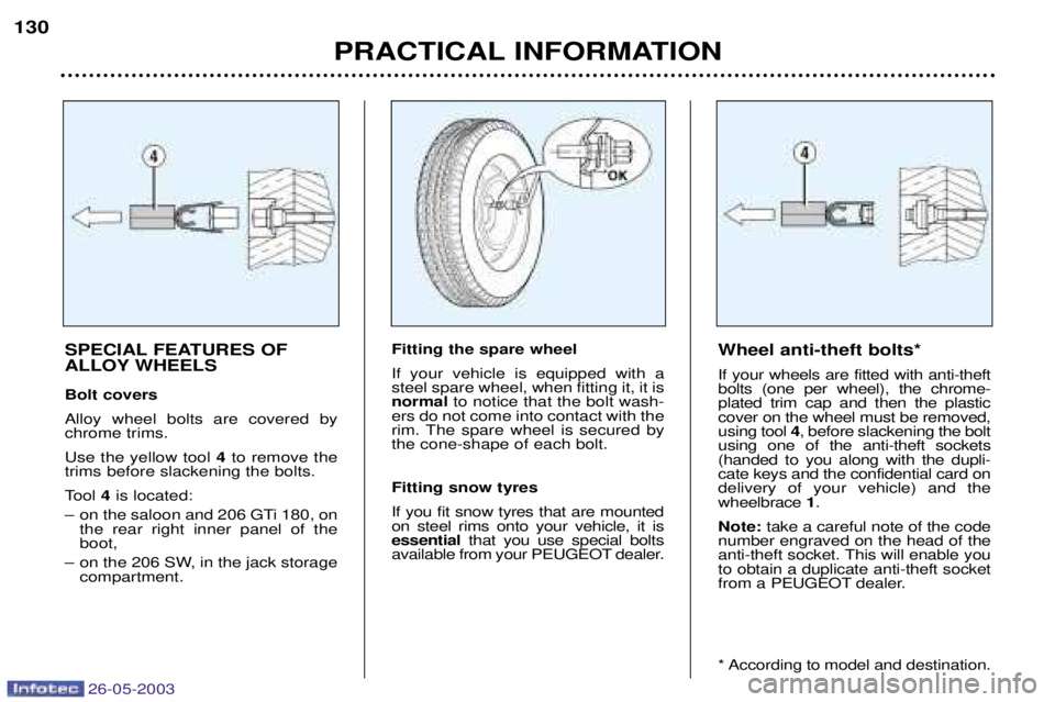 PEUGEOT 206 2003  Owners Manual 26-05-2003
PRACTICAL INFORMATION
130
SPECIAL FEATURES OF  
ALLOY WHEELS Bolt covers Alloy wheel bolts are covered by chrome trims. Use the yellow tool  4to remove the
trims before slackening the bolts