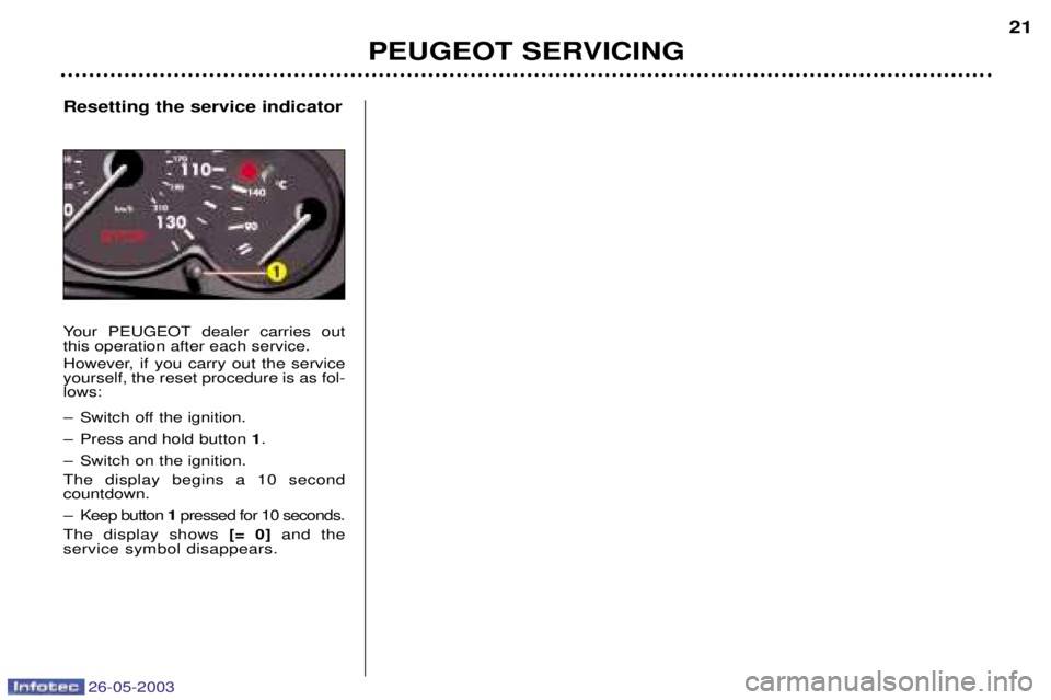 PEUGEOT 206 2003 User Guide 26-05-2003
Resetting the service indicator
Your PEUGEOT dealer carries out this operation after each service.
However, if you carry out the service yourself, the reset procedure is as fol-lows:Ð Sw PEUGEOT 206 2003 User Guide 26-05-2003
Resetting the service indicator
Your PEUGEOT dealer carries out this operation after each service.
However, if you carry out the service yourself, the reset procedure is as fol-lows:Ð Sw