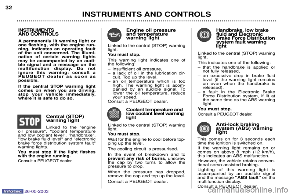 PEUGEOT 206 2003  Owners Manual 26-05-2003
INSTRUMENTS AND CONTROLS
32
Handbrake, low brake fluid and ElectronicBrake Force Distributionsystem fault warning
light
Linked to the central (STOP) warninglight. This indicates one of the 