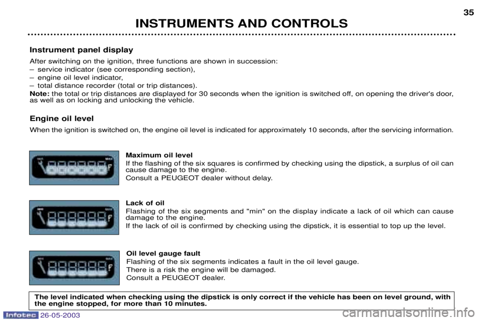 PEUGEOT 206 2003 Owners Guide 26-05-2003
Instrument panel display After switching on the ignition, three functions are shown in succession:
Ð service indicator (see corresponding section),
Ð engine oil level indicator,
Ð total PEUGEOT 206 2003 Owners Guide 26-05-2003
Instrument panel display After switching on the ignition, three functions are shown in succession:
Ð service indicator (see corresponding section),
Ð engine oil level indicator,
Ð total