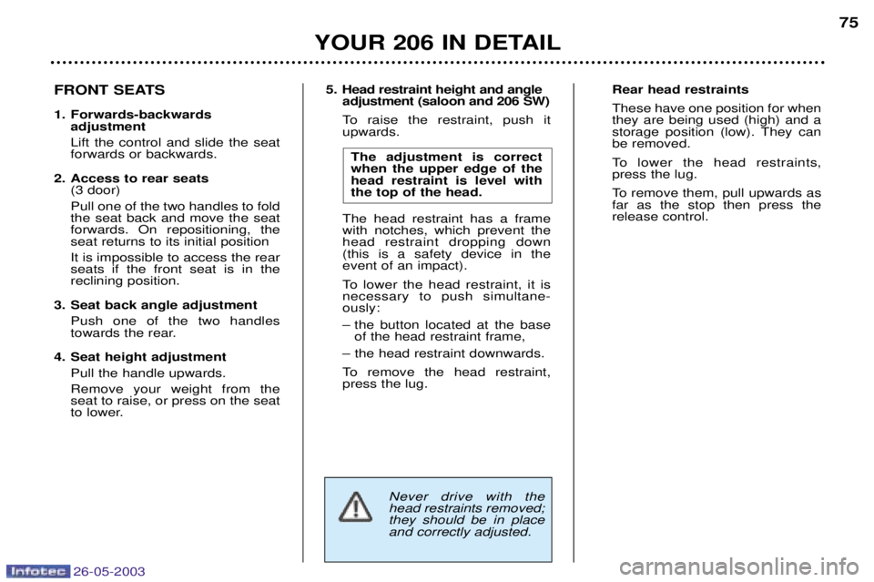 PEUGEOT 206 2003 Manual PDF 26-05-2003
YOUR 206 IN DETAIL75
5. Head restraint height and angle
adjustment (saloon and 206 SW)
To raise the restraint, push it upwards.
The adjustment is correctwhen the upper edge of thehead rest PEUGEOT 206 2003 Manual PDF 26-05-2003
YOUR 206 IN DETAIL75
5. Head restraint height and angle
adjustment (saloon and 206 SW)
To raise the restraint, push it upwards.
The adjustment is correctwhen the upper edge of thehead rest